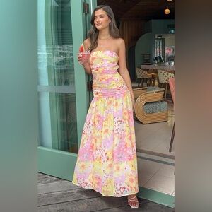 Beginning Boutique Sinclair Yellow Floral Print Strapless Maxi Dress